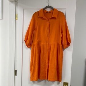 Gauze Orange Button-Up Women's Dress with pockets